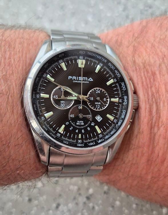 Bijzondere Prisma Chronograph Tachymeter herenhorloge., Overige merken, Staal, Met bandje, Polshorloge
