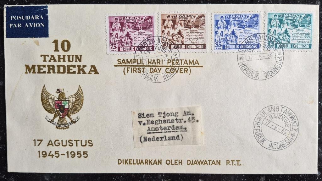 EERSTEDAGENVELOP INDONESIE 1955 BESCHREVEN, Postzegels en Munten, Postzegels | Eerstedagenveloppen, Verzenden, Beschreven, Rest van de wereld