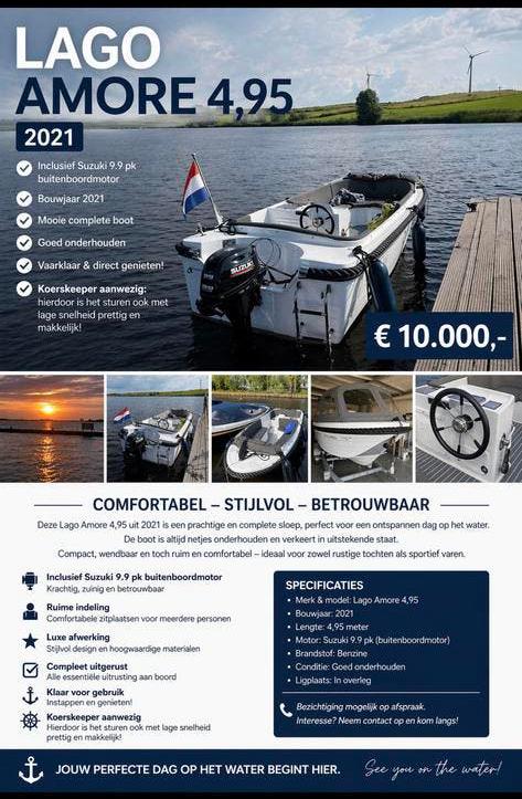 Lago Amore 4.95 Sloep - 2021 - Suzuki 9.9 PK Buitenboordmoto, Ophalen, Tot 10 pk, Zo goed als nieuw, 3 tot 6 meter