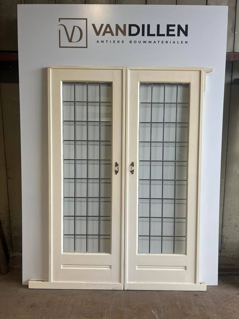 Antieke oude ensuite / schuifdeuren glas in lood, 120 cm of meer, Binnendeur, Ophalen of Verzenden, 200 tot 215 cm