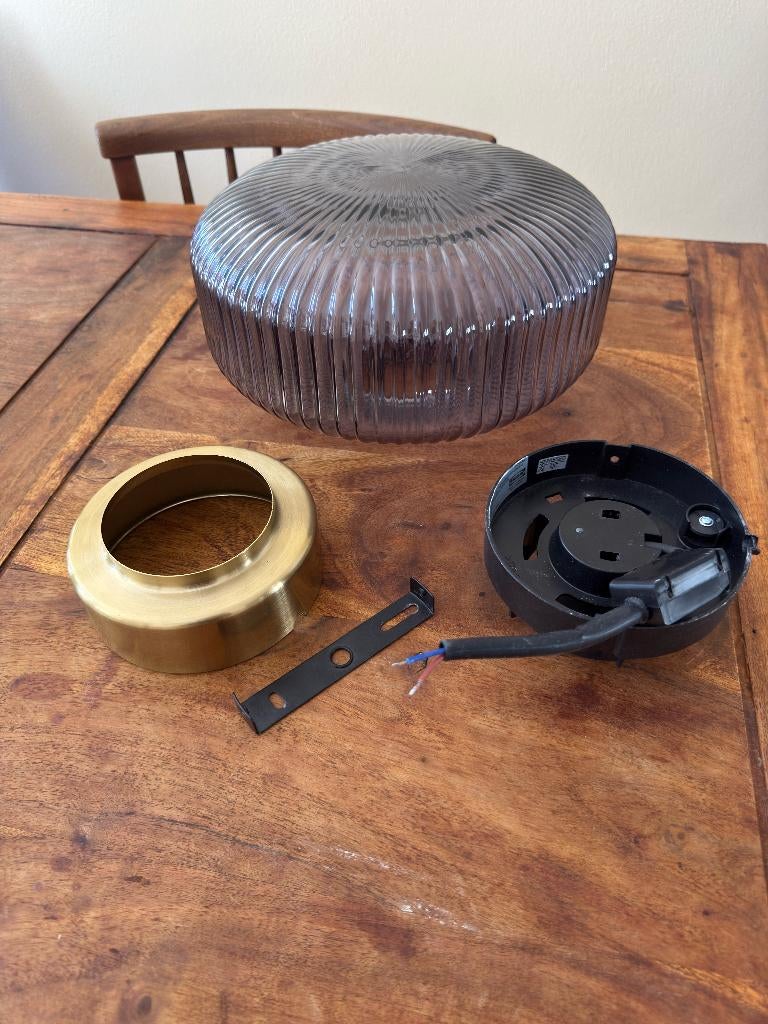 IKEA SOLKLINT Plafondlamp, messing/grijs helder glas, 27 cm, Ophalen, Zo goed als nieuw, Glas, Minder dan 50 cm