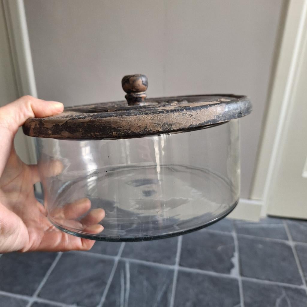 Voorraadpot/ koekjestrommel houten deksel, Ophalen, Zo goed als nieuw