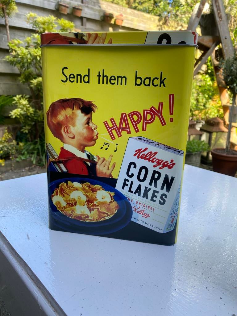 Vintage Kellogg's Corn Flakes Blikken Bus - Happy!, Verzamelen, Blikken, Ophalen of Verzenden, Gebruikt, Koek(jes), Overige merken