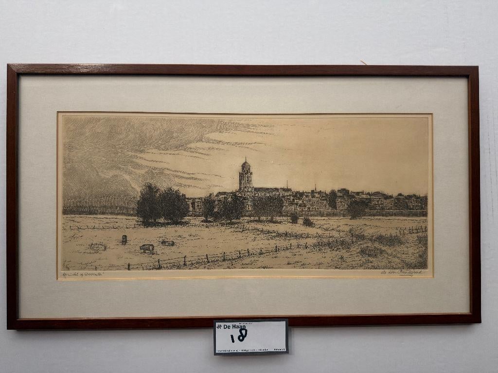 Cornelis Marinus van der Woerd - Gezicht op Deventer, Antiek en Kunst, Kunst | Etsen en Gravures, Ophalen, Stadsgezicht