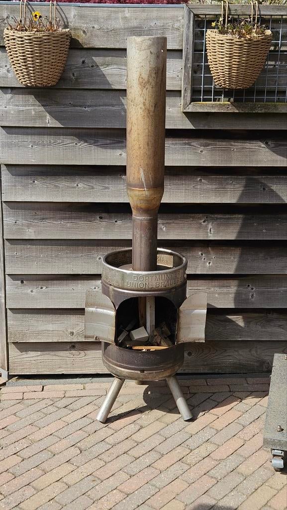 Unieke Bierfust Kachel - Gezellige Warmte voor Buiten!, Ophalen, Gebruikt, Houtkachel, Vrijstaand