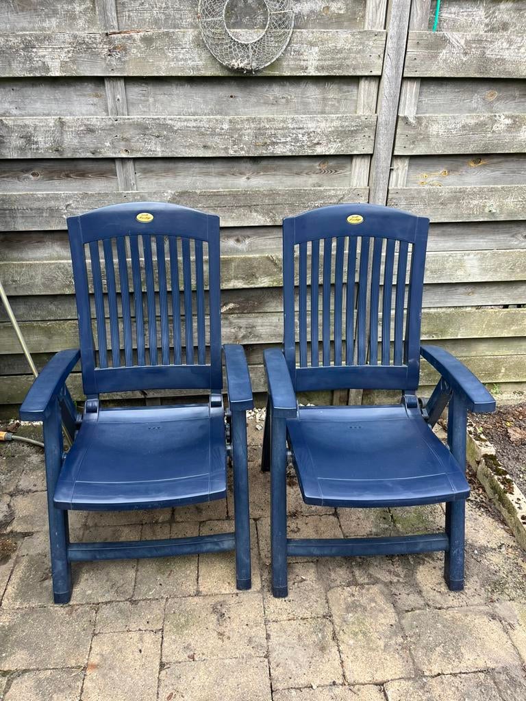 Twee blauwe hartman verstelbare tuinstoelen met kussens, Ophalen, Gebruikt, Kunststof, Verstelbaar