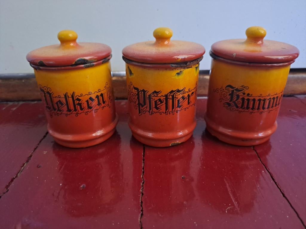 3 Emaille Kruidenbusjes Terracotta Oranje, Antiek en Kunst, Ophalen of Verzenden