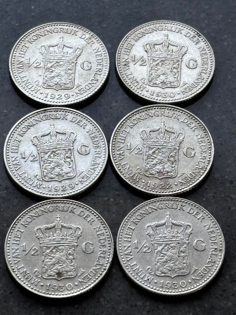 Set van 6 zilveren halve guldens Wilhelmina (1922, 1929, 193, Postzegels en Munten, Munten | Nederland, ½ gulden, Setje, Zilver