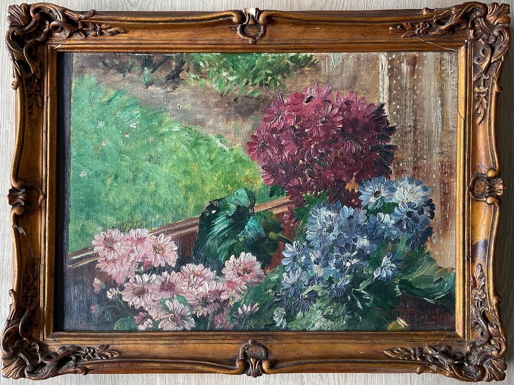 Willem Elisa Roelofs (1874-1940) - Bloemen op de veranda, Antiek en Kunst, Kunst | Schilderijen | Klassiek, Ophalen of Verzenden