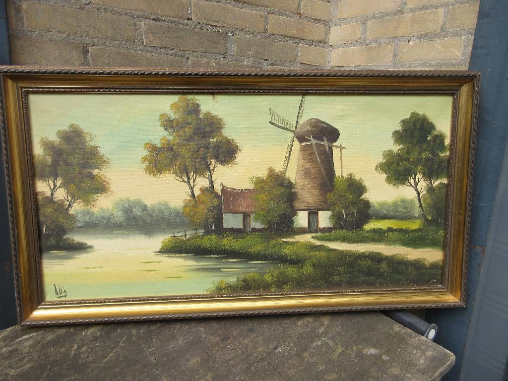 Antiek Molen landschap schilderij, Ophalen of Verzenden