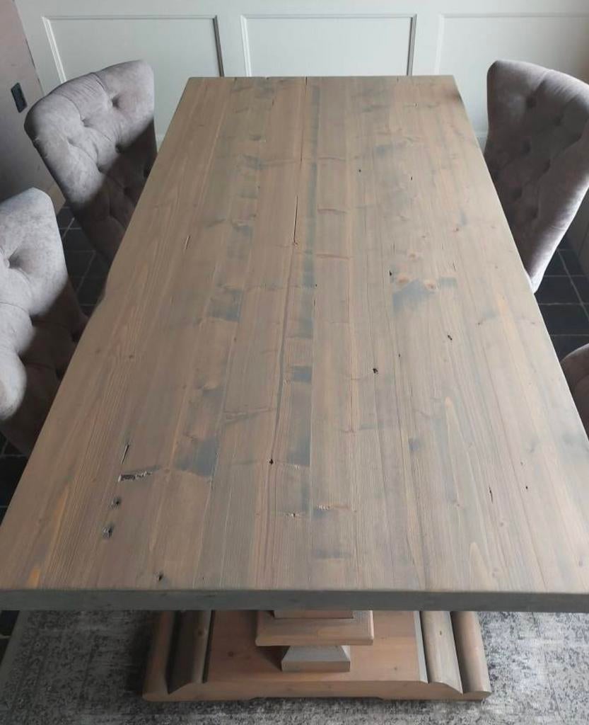 Zware eiken kloostertafel met 4 leren stoelen, Ophalen, Zo goed als nieuw, Eikenhout