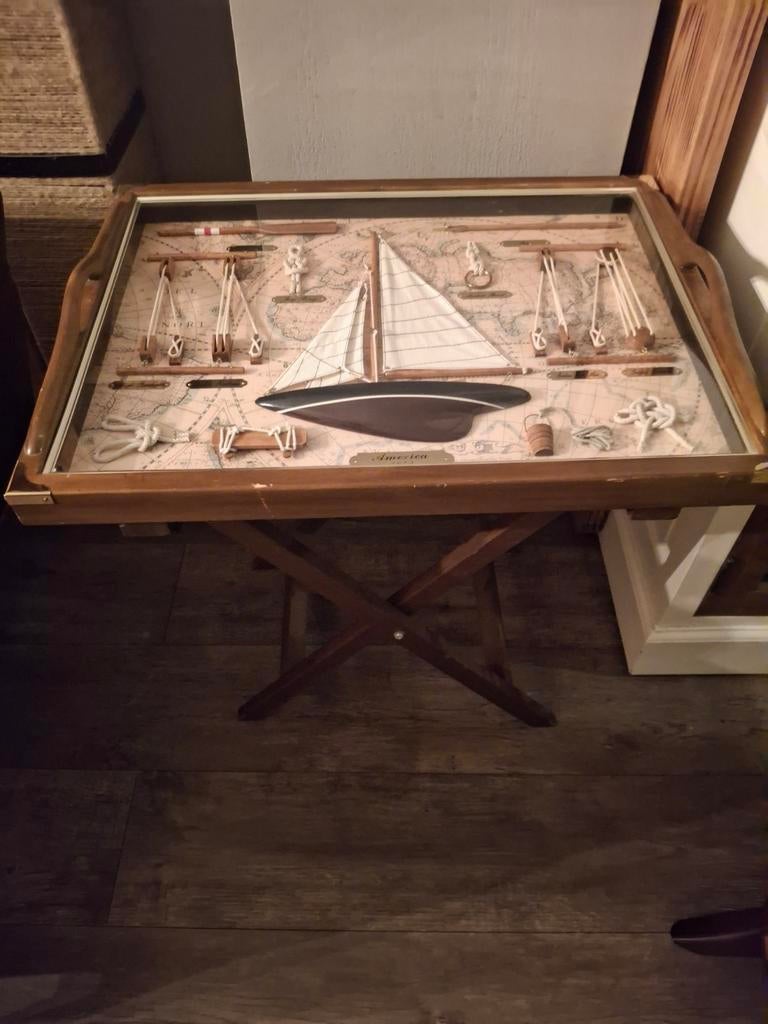 Nautische Butler Tray Salontafel - Zeilboot Diorama, Gebruikt, 50 tot 100 cm, Glas, Nautisch, Maritiem, Vintage