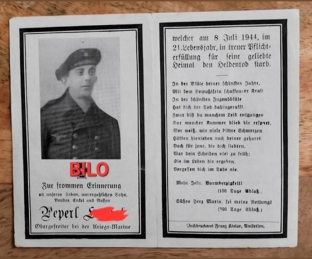 Duits Sterbebild Kriegsmarine 1944 U-Boot matroos WO2 WK2, Ophalen of Verzenden