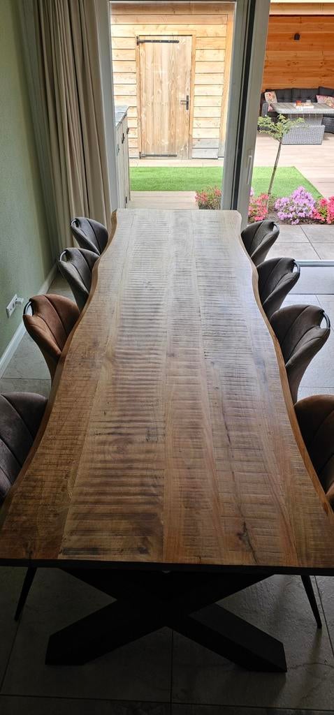 Luxe 300 cm mangohouten eettafel + 8 stoelen | Complete set, Huis en Inrichting, Tafels | Eettafels, Ophalen, 200 cm of meer, 50 tot 100 cm