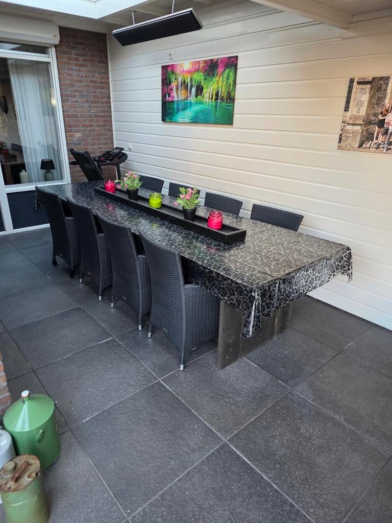 Steigerhouten tuintafel met 8 stoelen en kussens, Ophalen, Gebruikt, Rechthoekig, Hout