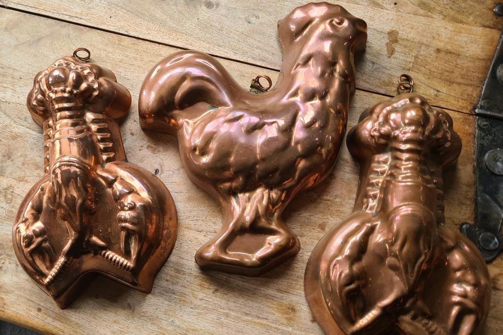 Set van 2 koperen puddingvormen: haan en kreeften, Antiek en Kunst, Antiek | Koper en Brons, Ophalen of Verzenden, Koper