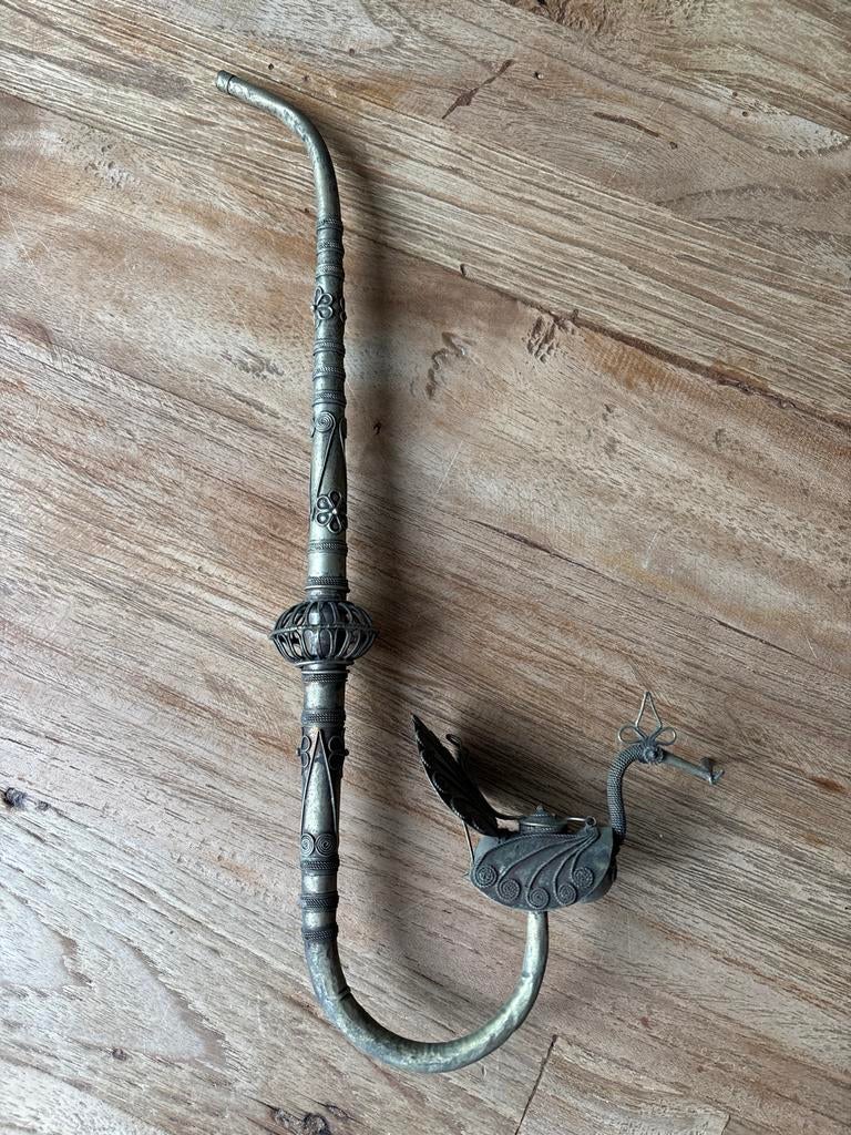 Antieke Chinese Opium Pijp - Pauw Filigraan Zilver Metaal, Ophalen of Verzenden