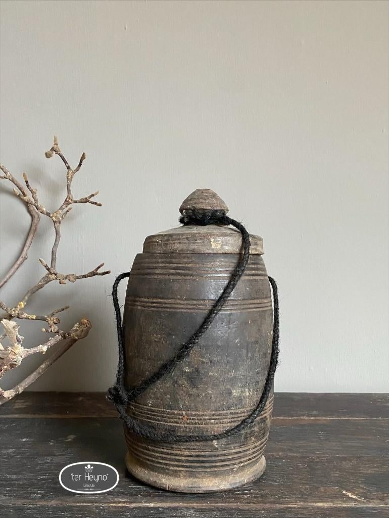 Oude houten kruik met deksel pot hout stoer sober landelijk, Hout, Verzenden, Nieuw, Landelijk