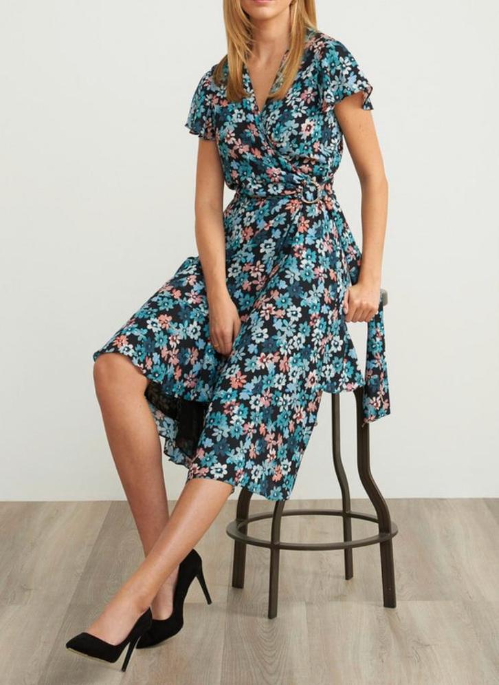 Ribkoff elegante wikkeljurk blauwtinten bloemenprint 38/40, Kleding | Dames, Jurken, Nieuw, Maat 38/40 (M), Overige kleuren, Onder de knie