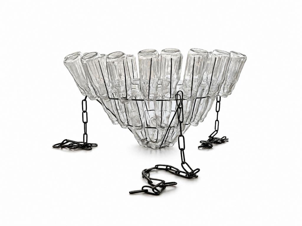 Unieke Flessenlamp - Hanglamp met Melkflesjes en Kettingen, Huis en Inrichting, Ophalen of Verzenden, Gebruikt, Glas, 50 tot 75 cm