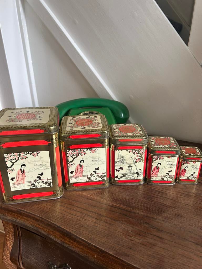 5 Vintage Chinese blikken Nesting set, Ophalen of Verzenden, Gebruikt, Thee, Overige merken