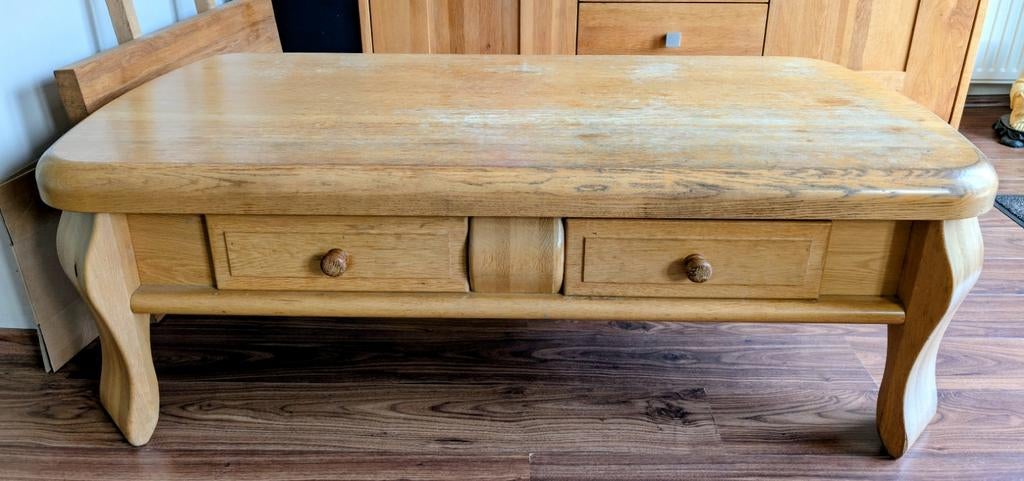 Eikenhouten salontafel met twee lades, Ophalen, Gebruikt, 50 tot 100 cm, Klassiek