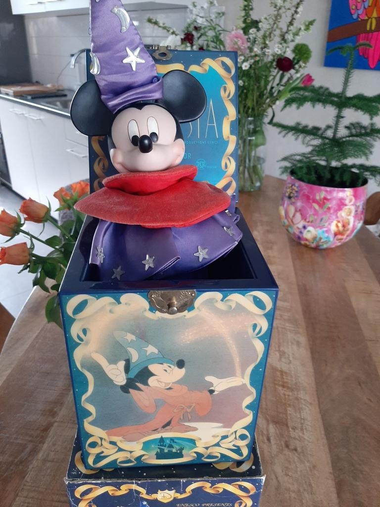 Jack in the box muziekdoos disney, Ophalen, Mickey Mouse, Zo goed als nieuw, Beeldje of Figuurtje