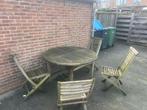 Teakhouten tuinset met ronde tafel en 4 stoelen, Tuin en Terras, Ophalen, 4 zitplaatsen, Gebruikt, Eettafel