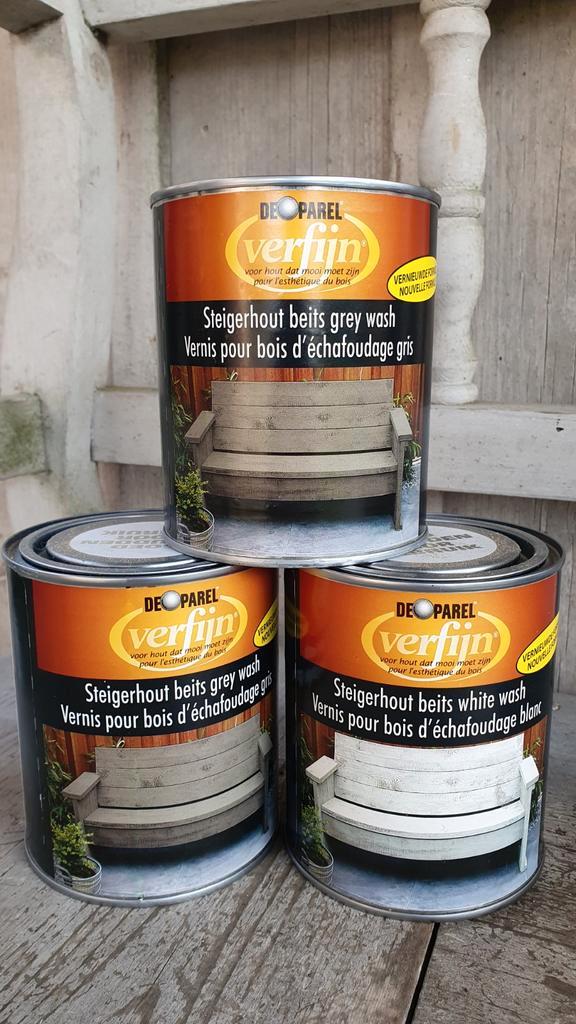 Nieuwe blikken houtbeits: white en grey wash, Doe-het-zelf en Verbouw, Verf, Beits en Lak, Nieuw, Wit, Ophalen of Verzenden