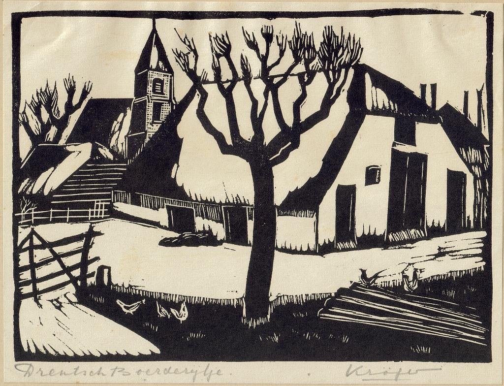 H. Kröger linosnede "Drentsch Boerderijtje", gesigneerd, Ophalen, Minder dan 50 cm, Gebruikt, Oorspronkelijke maker