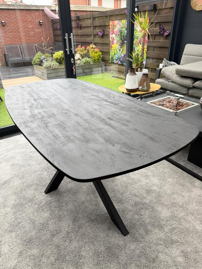 Deens ovale mangohouten eettafel met spinpoten - 180x90 cm, Ophalen, 50 tot 100 cm, Zo goed als nieuw, 150 tot 200 cm