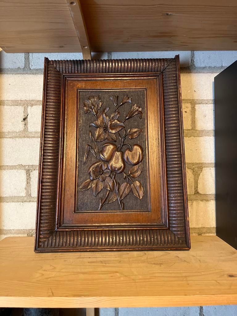 Antiek Houten Wandpaneel met Bloemenreliëf, Ophalen, Handgemaakt, Wanddecoratie, 20 - 50 cm