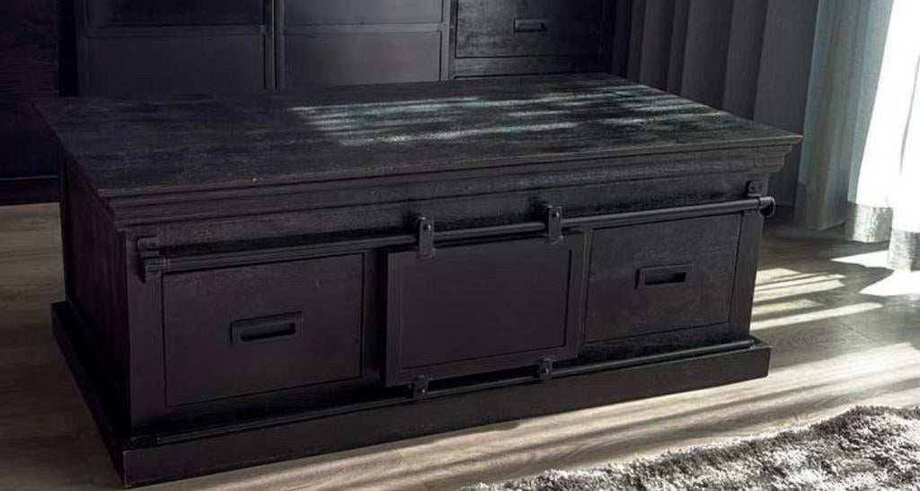 Mangohouten salontafel Portland Black Mahom 4 lades 120cm, Huis en Inrichting, Tafels | Salontafels, Ophalen, 100 tot 150 cm, Zo goed als nieuw