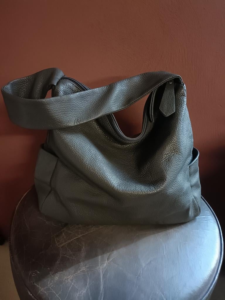 De Bijenkorf tas grijs leer., Ophalen of Verzenden, Zo goed als nieuw, Grijs, Handtas