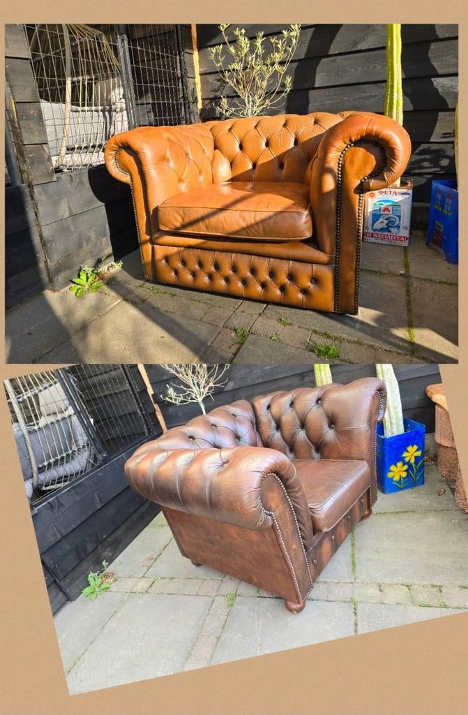2x chesterfield leder cognac en bruin j. 80,mancave,Engels, Ophalen, Gebruikt, Engels,industrieel,mancave,retro,vintage, Leer