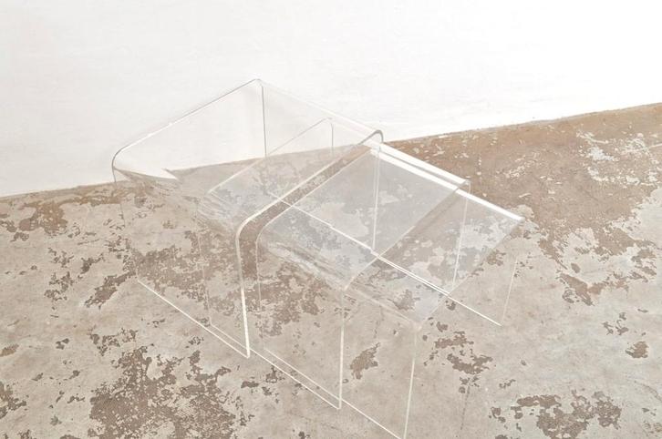 Vintage plexiglas mimiset 3 tafeltjes bijzettafeltjes 70's, Huis en Inrichting, Tafels | Bijzettafels, Gebruikt, Rechthoekig, Minder dan 45 cm
