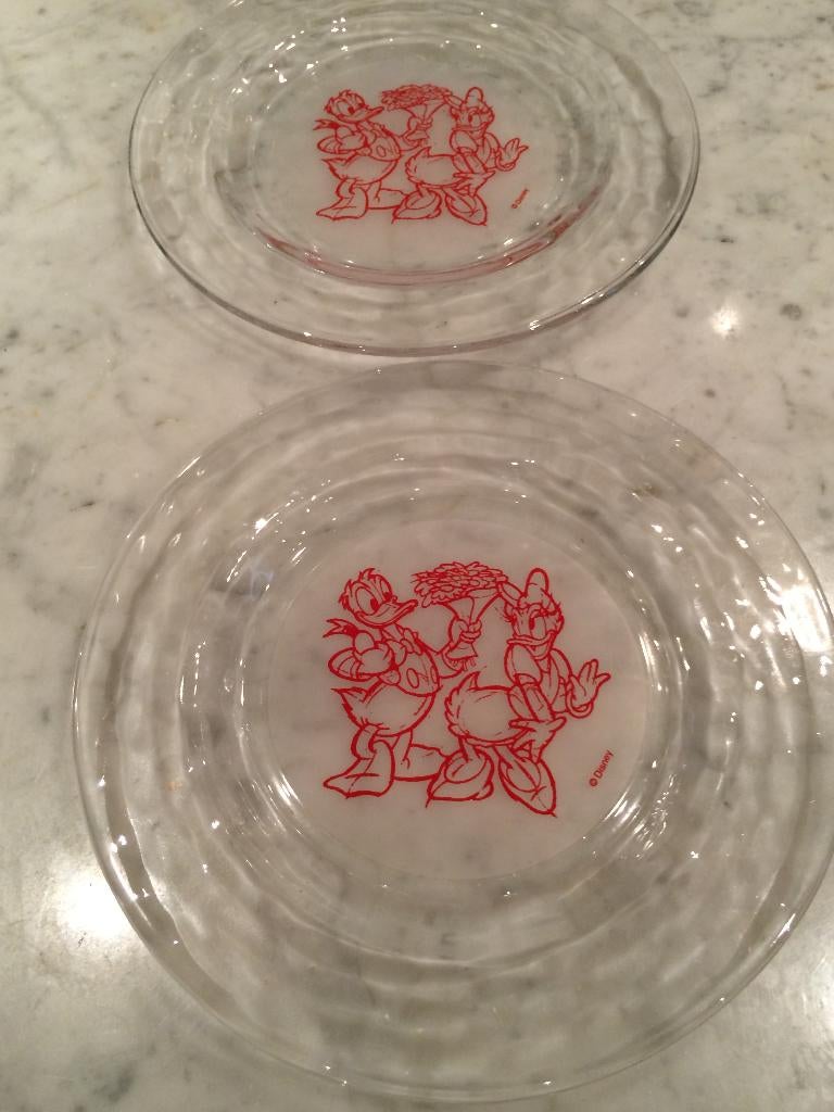 Vintage Set van twee Glazen Borden Donald Duck en Katrien, Ophalen, Donald Duck, Zo goed als nieuw, Servies