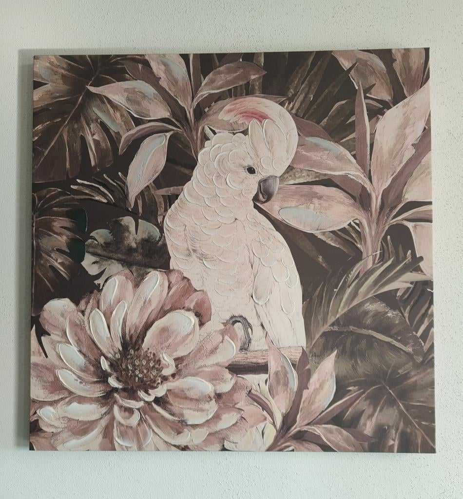 Schilderij Kaketoe met Tropische Bladeren en Bloemen, Ophalen, Gebruikt, Schilderij, 75 tot 100 cm