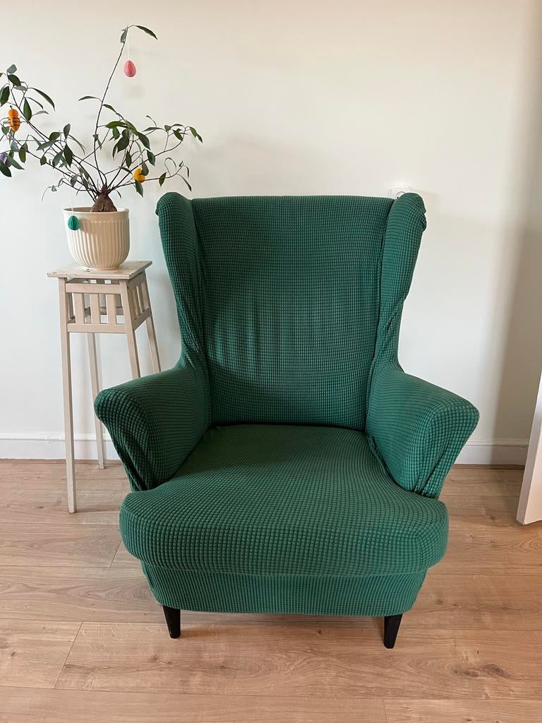 IKEA Strandmon fauteuil met groene hoes, Ophalen, Zo goed als nieuw, Stof, 75 tot 100 cm