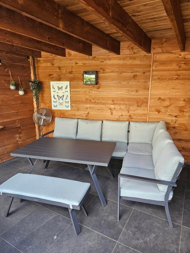 Antraciet loungeset met hoekbank, 2-zits bank en tafel, Ophalen, Overige materialen, Gebruikt, Bank