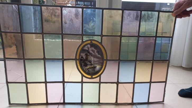 2 Prachtig glas in lood ramen met zeilboot en molen, Doe-het-zelf en Verbouw, Glas en Ramen, Gebruikt, Glasplaat, Minder dan 80 cm