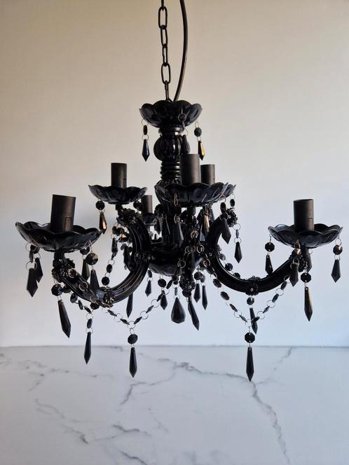 Zwarte Kroonluchter 6-arms (schoongemaakt :) ), Huis en Inrichting, Lampen | Kroonluchters, Zo goed als nieuw, Kunststof, Ophalen