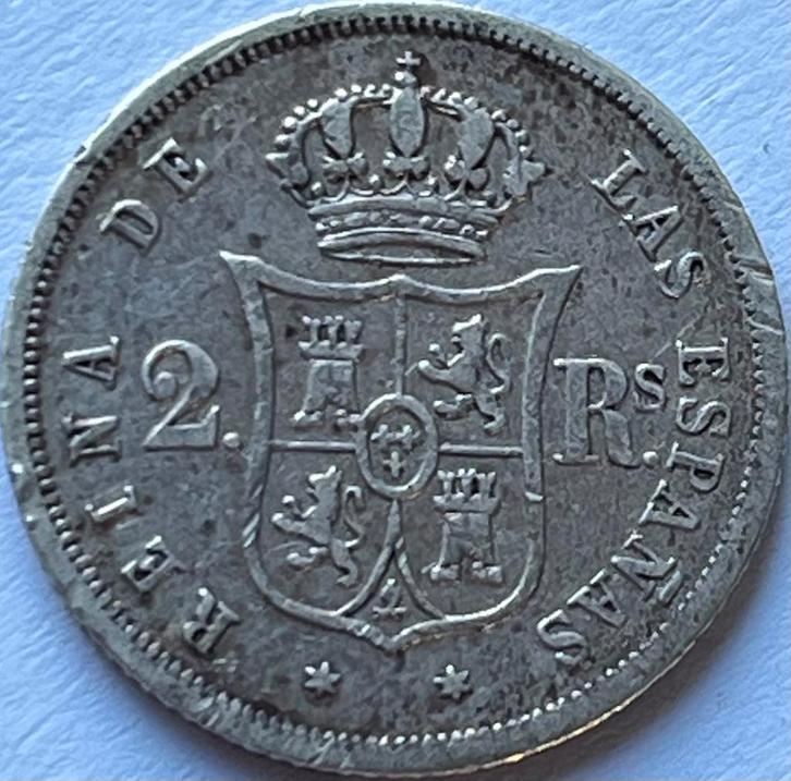 Spanje zilveren twee real 1862, Postzegels en Munten, Munten | Europa | Niet-Euromunten, Losse munt, Overige landen, Zilver, Ophalen of Verzenden