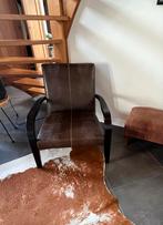 Fauteuil met Hocker - Bruin Leer, Ophalen, Gebruikt, Minder dan 75 cm, Tijdloos. Warm. Modern en klassiek tegelijk.