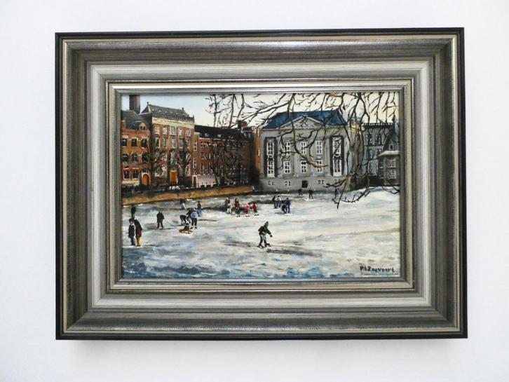 Schilderij van de Hofvijver met wintertafereel Den Haag, Antiek en Kunst, Kunst | Schilderijen | Klassiek, Ophalen of Verzenden