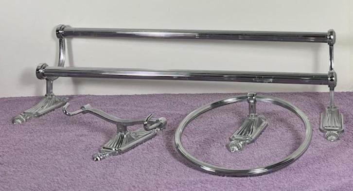 Vintage Frans dubbel metalen handdoekenrek met ring etcetera, Huis en Inrichting, Badkamer | Badtextiel en Accessoires, Zo goed als nieuw