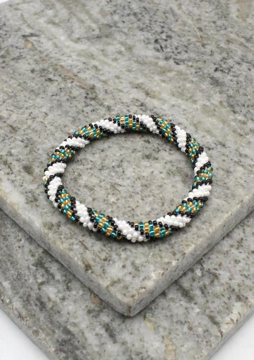 Glaskralen armband - wit, goud en zwart - RB233, Sieraden, Tassen en Uiterlijk, Armbanden, Nieuw, Overige materialen, Verzenden