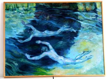 Nachtzwemmen acryl op linnen in mooie staat 1972. beschikbaar voor biedingen