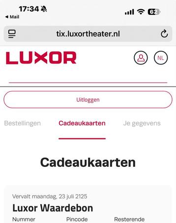 Luxor waardebon 139,00 beschikbaar voor biedingen