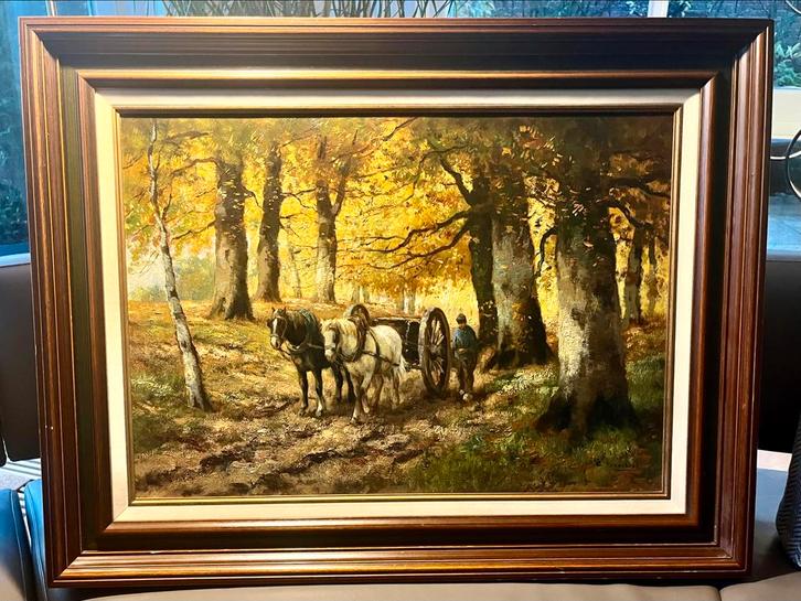 Schilderij met paarden en wagen in herfstlandschap, Antiek en Kunst, Kunst | Schilderijen | Klassiek, Ophalen of Verzenden